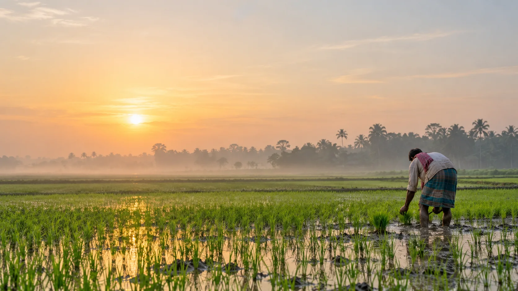 ভোরে ধানক্ষেতে চারা রোপণ করছেন একজন কৃষক